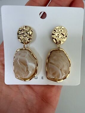 Gold-Tone Beige Marble Drop Earrings - Women Jewelry
